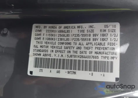 2010 Acura Rdx z USA, uszkodzony, nr VIN 5J8TB1H28AA007665